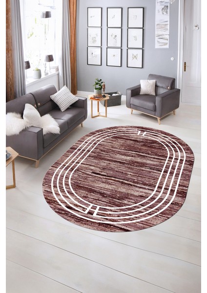 Dijital Kaymaz Yıkanabilir Çerçeveli Oval Yolluk Mutfak Salon Halısı, N-O-Çerçeveli-42-Bordo,