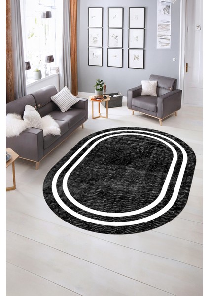 Dijital Kaymaz Yıkanabilir Çerçeveli Oval Yolluk Mutfak Salon Halısı, N-O-Çerçeveli-30-Siyah,