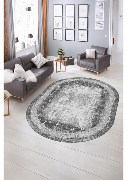 Dijital Kaymaz Yıkanabilir Çerçeveli Oval Yolluk Mutfak Salon Halısı, N-O-Çerçeveli-14-Gri,