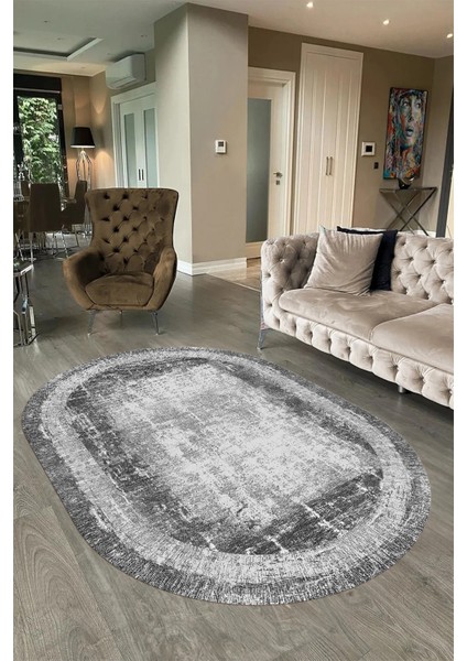 Dijital Kaymaz Yıkanabilir Çerçeveli Oval Yolluk Mutfak Salon Halısı, N-O-Çerçeveli-14-Gri, modelleri