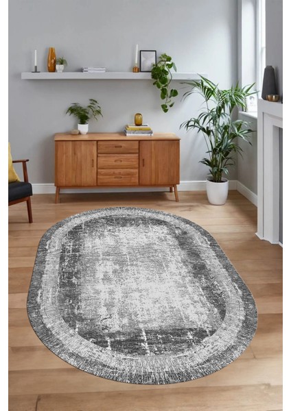 Dijital Kaymaz Yıkanabilir Çerçeveli Oval Yolluk Mutfak Salon Halısı, N-O-Çerçeveli-14-Gri, fırsatları