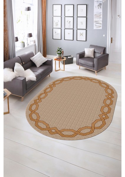 Dijital Kaymaz Yıkanabilir Çerçeveli Oval Yolluk Mutfak Salon Halısı, N-O-Çerçeveli-49-Bej,