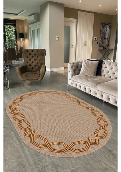 Dijital Kaymaz Yıkanabilir Çerçeveli Oval Yolluk Mutfak Salon Halısı, N-O-Çerçeveli-49-Bej, modelleri