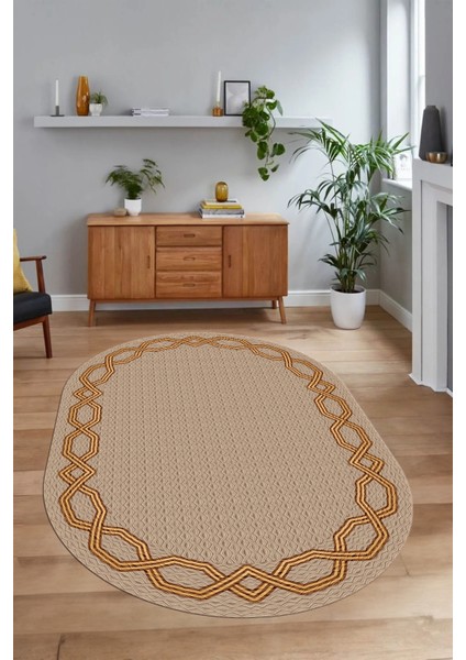 Dijital Kaymaz Yıkanabilir Çerçeveli Oval Yolluk Mutfak Salon Halısı, N-O-Çerçeveli-49-Bej, fırsatları
