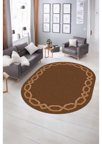 Dijital Kaymaz Yıkanabilir Çerçeveli Oval Yolluk Mutfak Salon Halısı, N-O-Çerçeveli-49-Kahve,