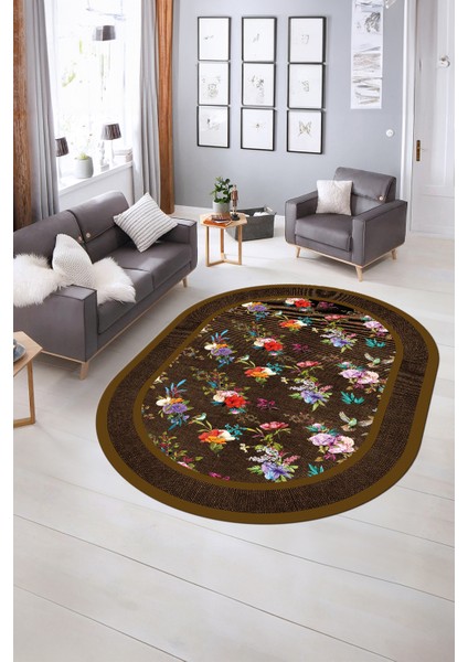 Dijital Kaymaz Yıkanabilir Çerçeveli Oval Yolluk Mutfak Salon Halısı, N-O-Çerçeveli-27-Kahve,