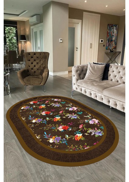 Dijital Kaymaz Yıkanabilir Çerçeveli Oval Yolluk Mutfak Salon Halısı, N-O-Çerçeveli-27-Kahve, modelleri