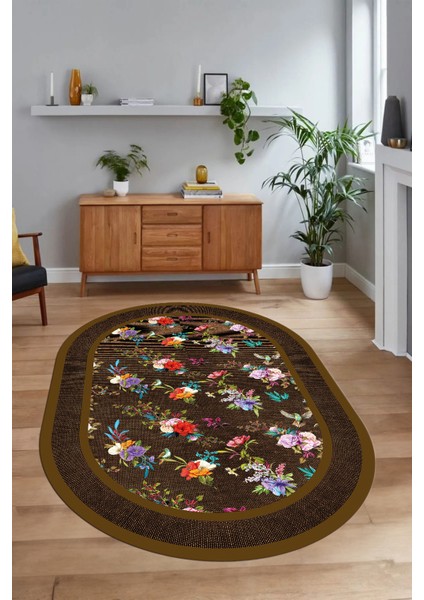 Dijital Kaymaz Yıkanabilir Çerçeveli Oval Yolluk Mutfak Salon Halısı, N-O-Çerçeveli-27-Kahve, fırsatları