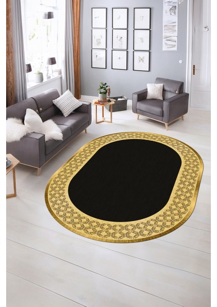 Dijital Kaymaz Yıkanabilir Çerçeveli Oval Yolluk Mutfak Salon Halısı, N-O-Çerçeveli-29-Siyah,