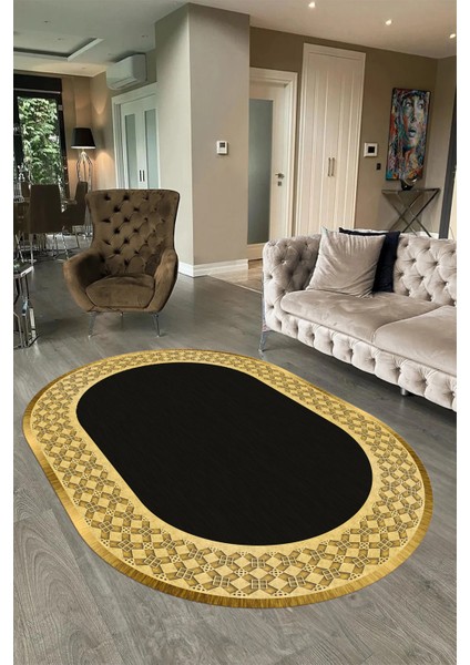 Dijital Kaymaz Yıkanabilir Çerçeveli Oval Yolluk Mutfak Salon Halısı, N-O-Çerçeveli-29-Siyah, modelleri