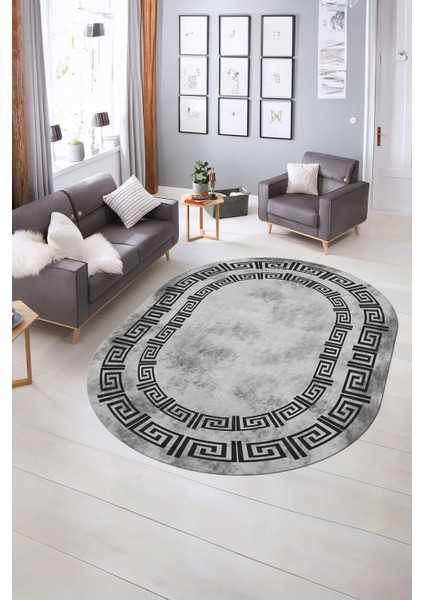 Dijital Kaymaz Yıkanabilir Çerçeveli Oval Yolluk Mutfak Salon Halısı, N-O-Çerçeveli-05-Gri,