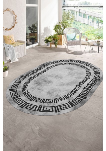 Dijital Kaymaz Yıkanabilir Çerçeveli Oval Yolluk Mutfak Salon Halısı, N-O-Çerçeveli-05-Gri,