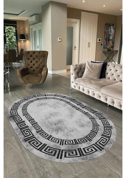 Dijital Kaymaz Yıkanabilir Çerçeveli Oval Yolluk Mutfak Salon Halısı, N-O-Çerçeveli-05-Gri,