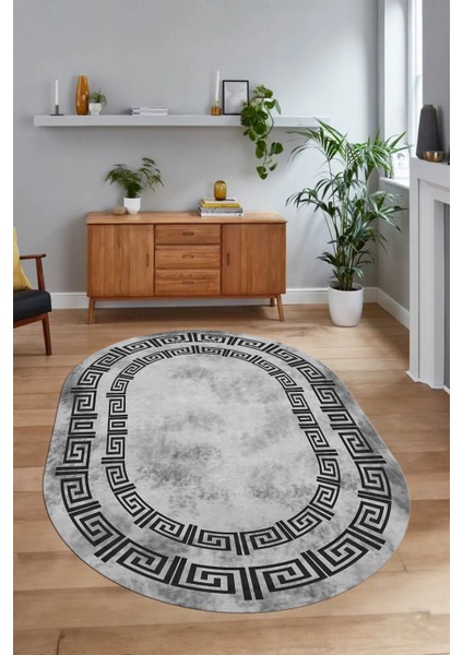 Dijital Kaymaz Yıkanabilir Çerçeveli Oval Yolluk Mutfak Salon Halısı, N-O-Çerçeveli-05-Gri,