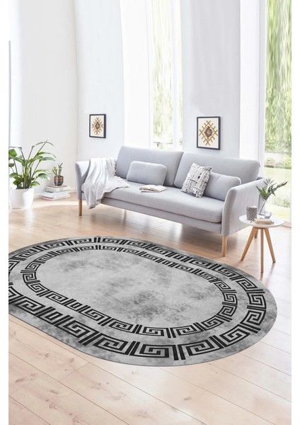 Dijital Kaymaz Yıkanabilir Çerçeveli Oval Yolluk Mutfak Salon Halısı, N-O-Çerçeveli-05-Gri,