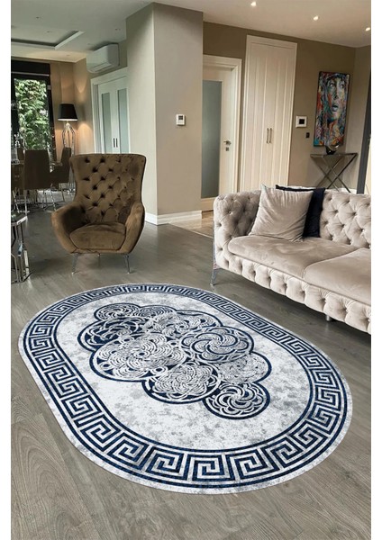 Dijital Kaymaz Yıkanabilir Çerçeveli Oval Yolluk Mutfak Salon Halısı, N-O-Çerçeveli-04-Mavi, modelleri