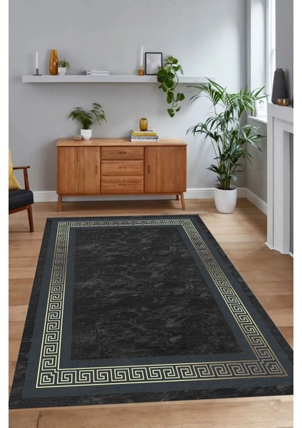 Dijital Baskılı Kaymaz Yıkanabilir Çerçeveli Yolluk Mutfak Salon Halısı, N-Çerçeveli-28-Antrasit,