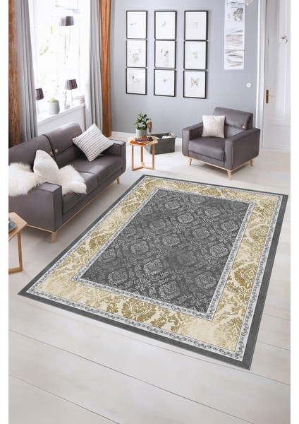 Dijital Baskılı Kaymaz Yıkanabilir Çerçeveli Yolluk Mutfak Salon Halısı, N-Çerçeveli-21-Gold,