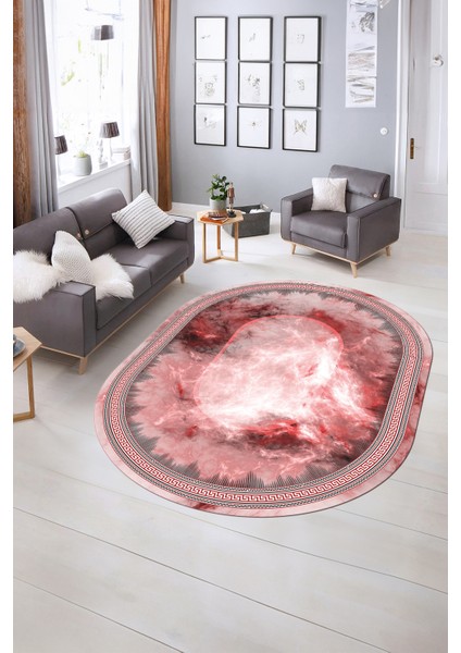 Dijital Kaymaz Yıkanabilir Çerçeveli Oval Yolluk Mutfak Salon Halısı, N-O-Çerçeveli-25-Pembe,
