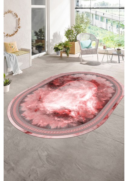 Dijital Kaymaz Yıkanabilir Çerçeveli Oval Yolluk Mutfak Salon Halısı, N-O-Çerçeveli-25-Pembe,