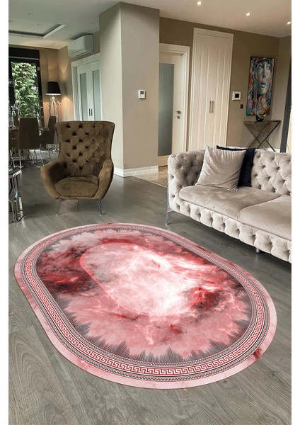 Dijital Kaymaz Yıkanabilir Çerçeveli Oval Yolluk Mutfak Salon Halısı, N-O-Çerçeveli-25-Pembe,