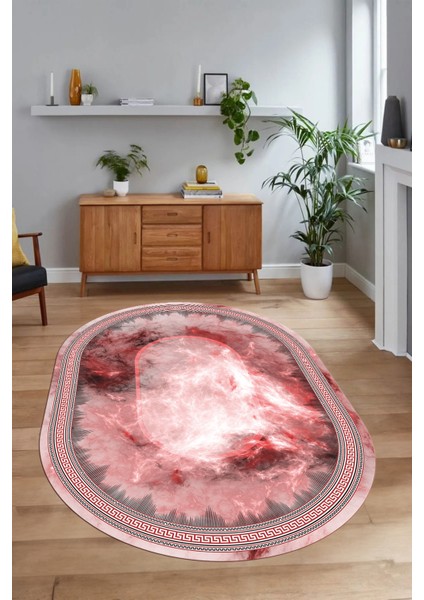 Dijital Kaymaz Yıkanabilir Çerçeveli Oval Yolluk Mutfak Salon Halısı, N-O-Çerçeveli-25-Pembe,