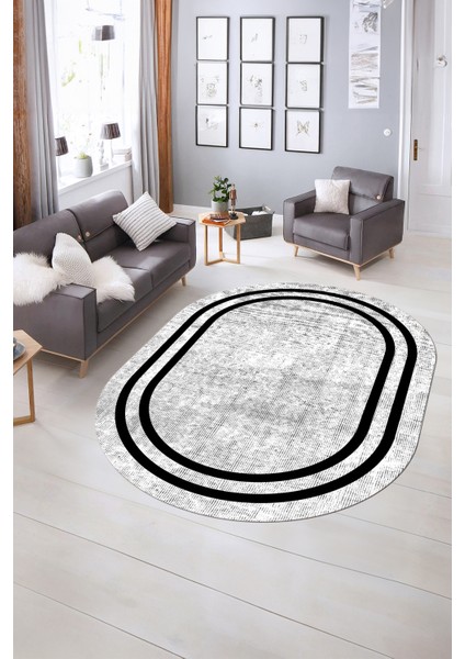 Dijital Kaymaz Yıkanabilir Çerçeveli Oval Yolluk Mutfak Salon Halısı, N-O-Çerçeveli-30-Beyaz,