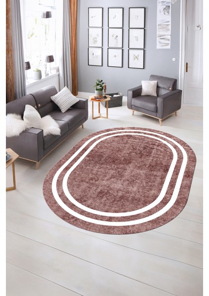 Dijital Kaymaz Yıkanabilir Çerçeveli Oval Yolluk Mutfak Salon Halısı, N-O-Çerçeveli-30-Bordo,