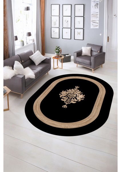 Dijital Kaymaz Yıkanabilir Çerçeveli Oval Yolluk Mutfak Salon Halısı, N-O-Çerçeveli-46-Siyah,