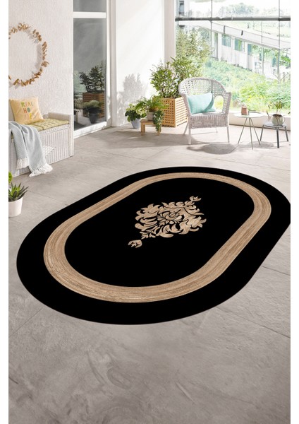 Dijital Kaymaz Yıkanabilir Çerçeveli Oval Yolluk Mutfak Salon Halısı, N-O-Çerçeveli-46-Siyah,