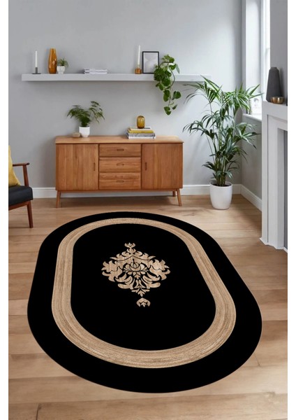 Dijital Kaymaz Yıkanabilir Çerçeveli Oval Yolluk Mutfak Salon Halısı, N-O-Çerçeveli-46-Siyah,