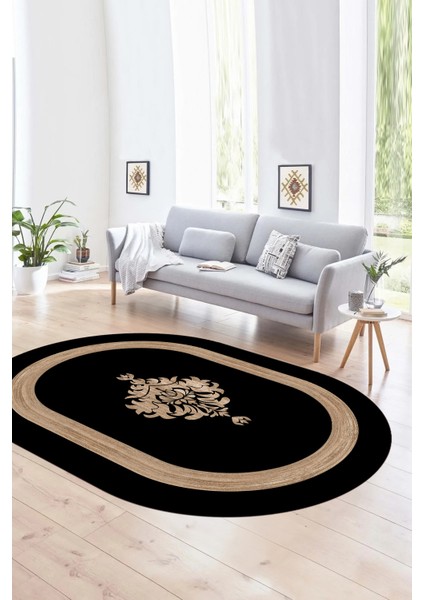 Dijital Kaymaz Yıkanabilir Çerçeveli Oval Yolluk Mutfak Salon Halısı, N-O-Çerçeveli-46-Siyah,