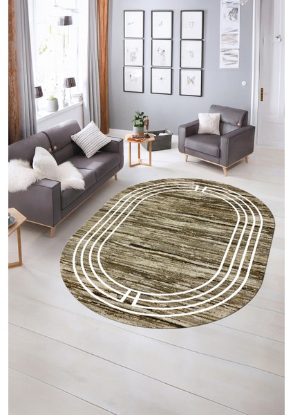 Dijital Kaymaz Yıkanabilir Çerçeveli Oval Yolluk Mutfak Salon Halısı, N-O-Çerçeveli-42-Kahve,