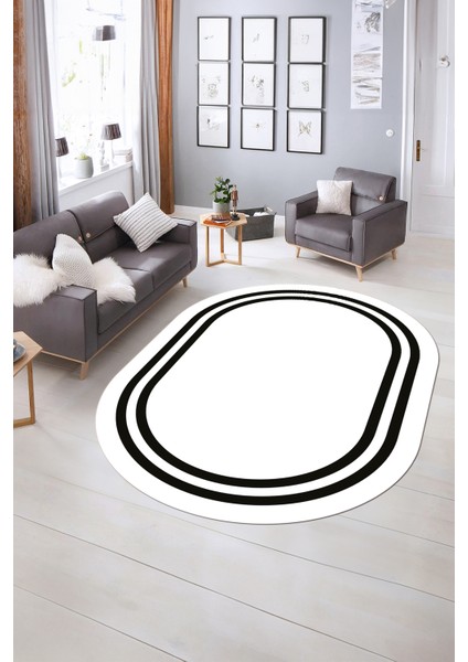 Dijital Kaymaz Yıkanabilir Çerçeveli Oval Yolluk Mutfak Salon Halısı, N-O-Çerçeveli-38-Beyaz,