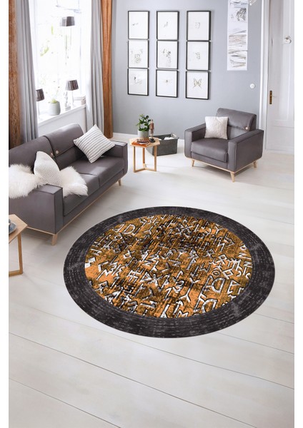 Dijital Kaymaz Yıkanabilir Çerçeveli Desen Yuvarlak Mutfak Salon Halısı, N-Y-Çerçeveli-16-Turuncu,