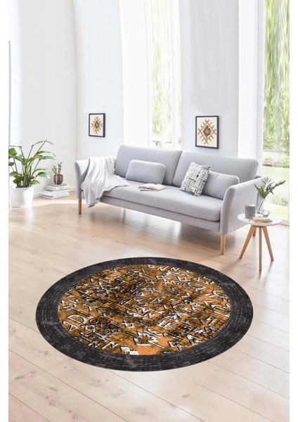 Dijital Kaymaz Yıkanabilir Çerçeveli Desen Yuvarlak Mutfak Salon Halısı, N-Y-Çerçeveli-16-Turuncu, indirimleri