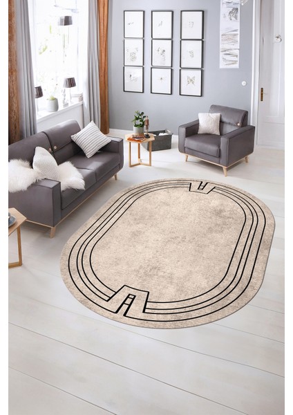 Dijital Kaymaz Yıkanabilir Çerçeveli Oval Yolluk Mutfak Salon Halısı, N-O-Çerçeveli-43-Bej,