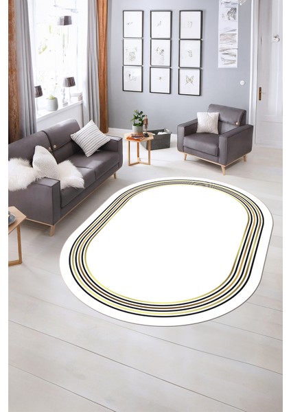 Dijital Kaymaz Yıkanabilir Çerçeveli Oval Yolluk Mutfak Salon Halısı, N-O-Çerçeveli-45-Beyaz,