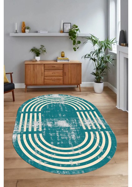 Dijital Kaymaz Yıkanabilir Çerçeveli Oval Yolluk Mutfak Salon Halısı, N-O-Çerçeveli-15-Turkuaz, fırsatları