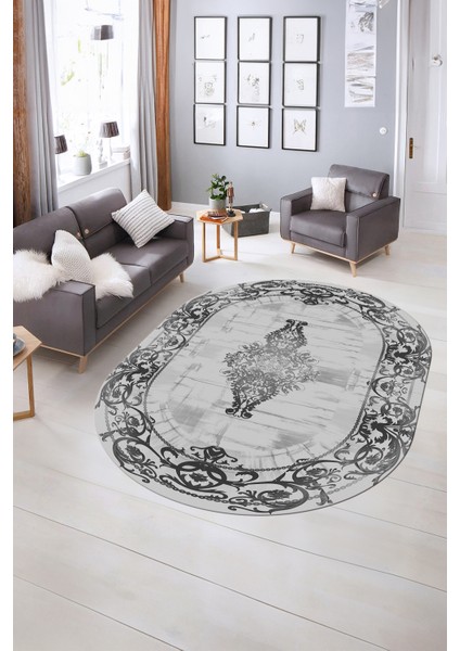 Dijital Kaymaz Yıkanabilir Çerçeveli Oval Yolluk Mutfak Salon Halısı, N-O-Çerçeveli-19-Gri,