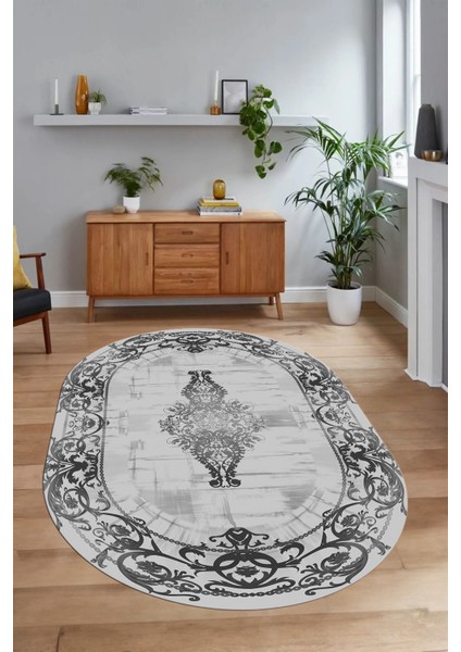 Dijital Kaymaz Yıkanabilir Çerçeveli Oval Yolluk Mutfak Salon Halısı, N-O-Çerçeveli-19-Gri, fırsatları
