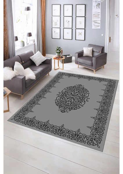 Dijital Baskılı Kaymaz Yıkanabilir Çerçeveli Yolluk Mutfak Salon Halısı, N-Çerçeveli-22-Gri,