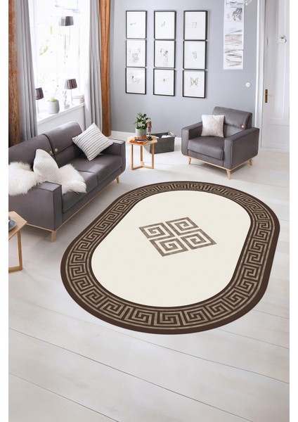 Dijital Kaymaz Yıkanabilir Çerçeveli Oval Yolluk Mutfak Salon Halısı, N-O-Çerçeveli-01-Kahve,
