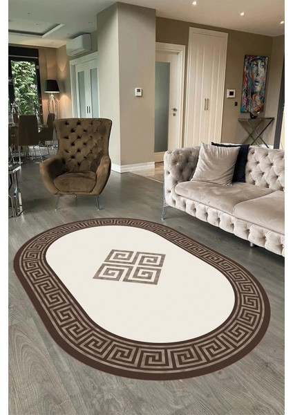 Dijital Kaymaz Yıkanabilir Çerçeveli Oval Yolluk Mutfak Salon Halısı, N-O-Çerçeveli-01-Kahve, modelleri