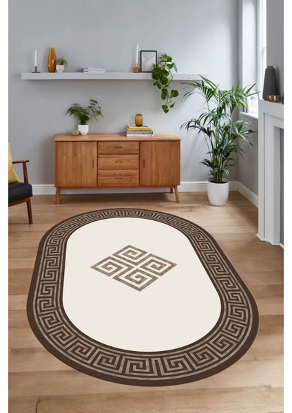 Dijital Kaymaz Yıkanabilir Çerçeveli Oval Yolluk Mutfak Salon Halısı, N-O-Çerçeveli-01-Kahve, fırsatları