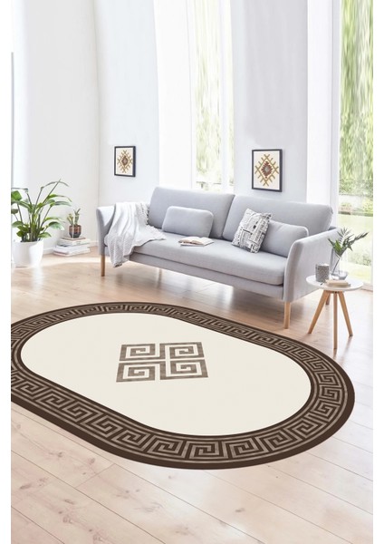 Dijital Kaymaz Yıkanabilir Çerçeveli Oval Yolluk Mutfak Salon Halısı, N-O-Çerçeveli-01-Kahve, indirimleri