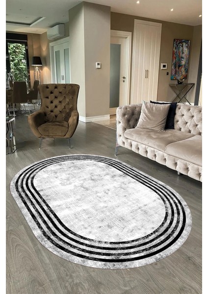 Dijital Kaymaz Yıkanabilir Çerçeveli Oval Yolluk Mutfak Salon Halısı, N-O-Çerçeveli-06-Gri, modelleri