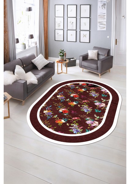Dijital Kaymaz Yıkanabilir Çerçeveli Oval Yolluk Mutfak Salon Halısı, N-O-Çerçeveli-27-Bordo,