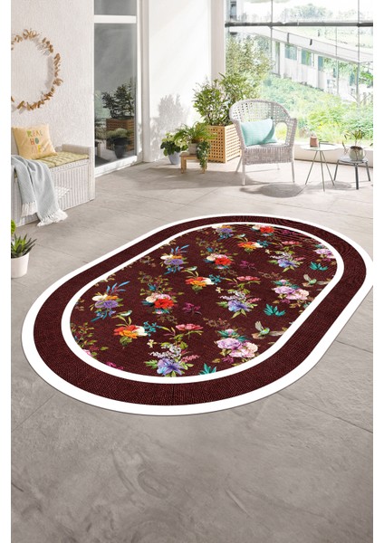 Dijital Kaymaz Yıkanabilir Çerçeveli Oval Yolluk Mutfak Salon Halısı, N-O-Çerçeveli-27-Bordo, fiyatları