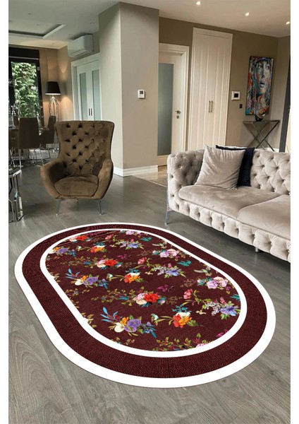 Dijital Kaymaz Yıkanabilir Çerçeveli Oval Yolluk Mutfak Salon Halısı, N-O-Çerçeveli-27-Bordo, modelleri